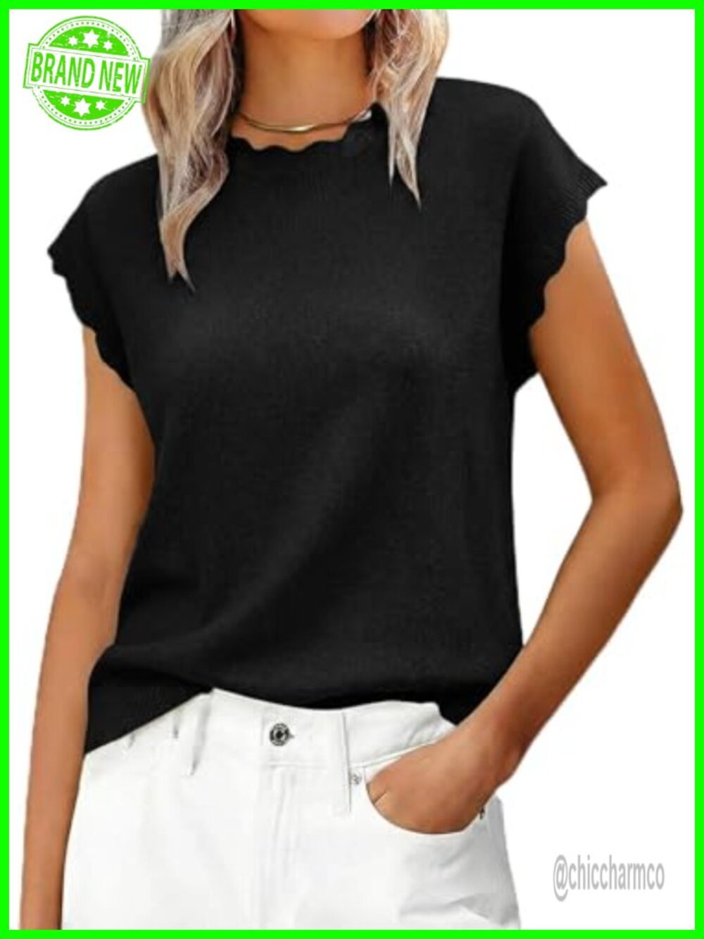 Cap Sleeve Knit Sweater Lightweight Summer Pullover Scallop Wavy Top